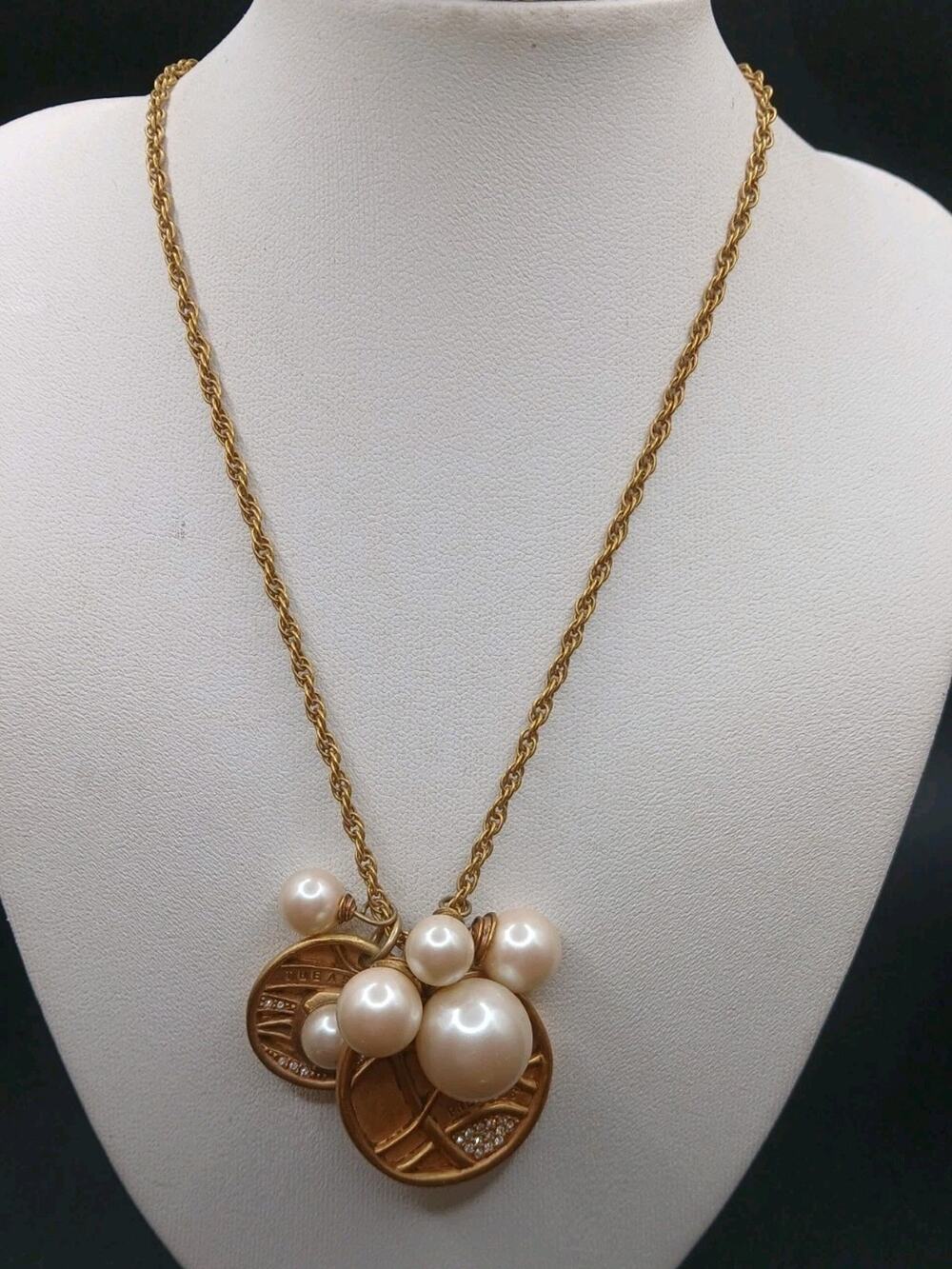 Vintage Carolee Necklace - Faux Pearl And Metal Disc Dangles